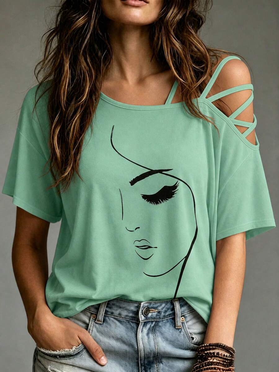 SHEIN 不对称领口人物图案 T 恤图案 T 恤女式上衣 - 薄荷綠 - 查看 1