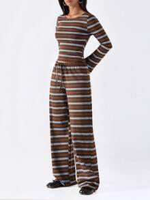 LYSMO Women's Striped Long Sleeve Top And Pants Casual Daily Set - Multicolor - View 4