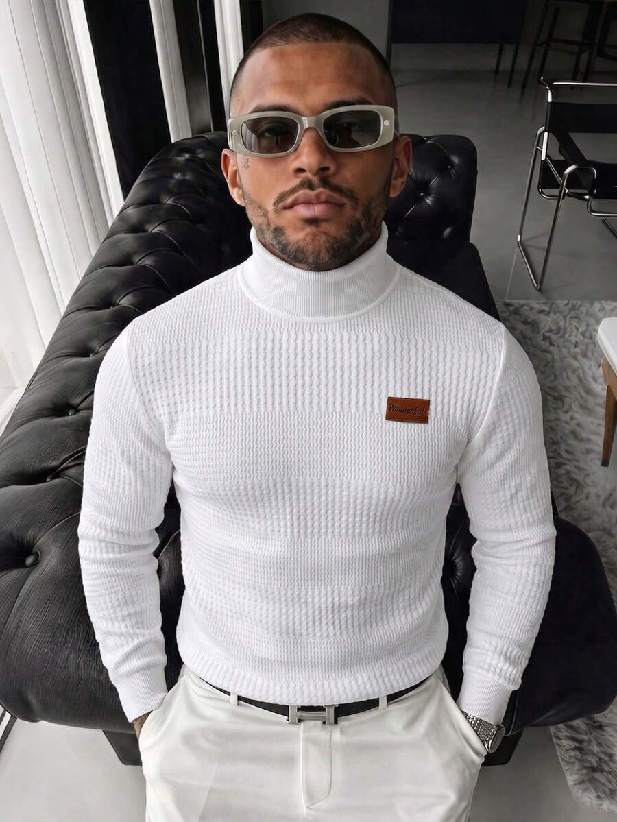 EGENSIO Men's Knitted Jacquard Solid Color Textured Collar Cuff Hem Ribbed High Neck Pullover Sweatshirt - White - View 1