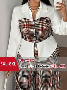 SHEIN CURVE+ Plus Size Women's Fashion New French Collar Plaid Print 2 In 1 Shirt And Pants Two Pieces Set Fall - Multicolor - View 1