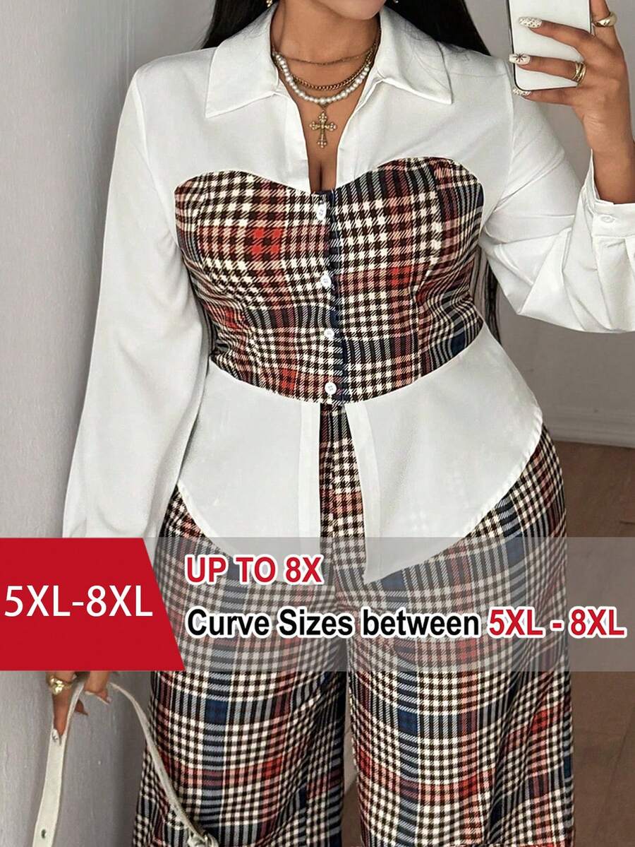 SHEIN CURVE+ Plus Size Women's Fashion New French Collar Plaid Print 2 In 1 Shirt And Pants Two Pieces Set Fall - Multicolor - View 1