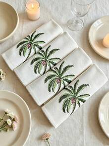 Cirelle 1/2/4 Pcs Embroidered Palm Tree Cloth Napkins, Off-White Dinner Napkins With Green Tropical Palm Embroidery, Washable Reusable Table Napkins For Dining Room Decor - Multicolor - View 11