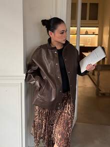 DAZY Women's Autumn Stand Collar Long Sleeve Dark Brown PU Leather Short Jacket, Loose Casual Streetwear Commuter Outdoor Motorcycle Style - Brown - View 9