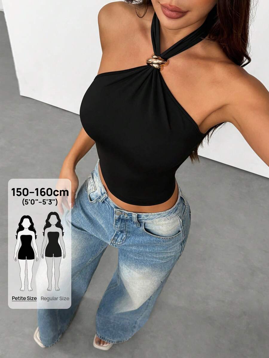 SHEIN PETITE Women's Solid Color Metal Decor Fashionable Fitted Halter Neck Top, Suitable For Concerts, Festival Parties