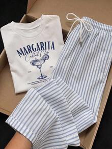 Comfortcana Women's Letter Print Short Sleeve Top And Drawstring Waist Long Pants Casual Everyday Set - Multicolor - View 5