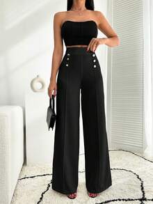 EURMUSE Pantalón palazzo de pierna ancha blanco con detalle de botón - Negro - Ver 8