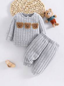 SHEIN 2件組韓式羅紋刷毛質感新生兒寶寶卡通熊刺繡運動衫長褲套裝，可愛休閒灰色秋季款 - 灰色 - 查看 3