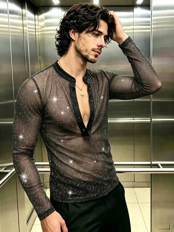 ZURIURI Men's Sheer Slim Fit Shiny Button Half Placket T-Shirt
