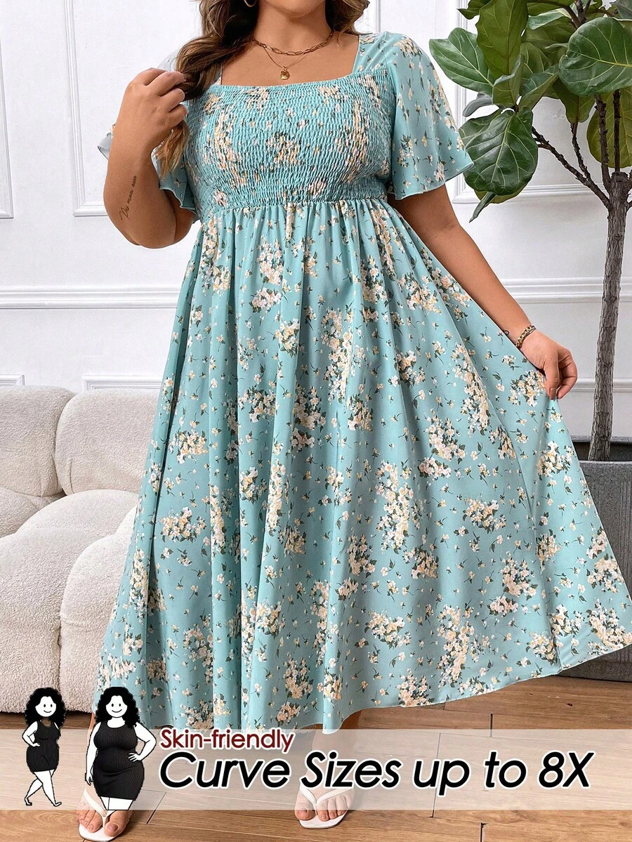 SHEIN CURVE+ Plus Size Floral Print Empire Waist Long Dress, For Summer - Blue - View 1