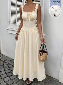 SHEIN EZwear Summer Home Workout Casual Frill Trim Front Tie Sleeveless Dress - Apricot - View 8