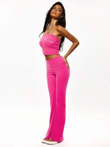 SHEIN BAE Women's Letter Rhinestone Flare Pants Night Out Night Party Night Party Date Night Going Out Pink Check Autumn Y2k 90s - Hot Pink - View 6