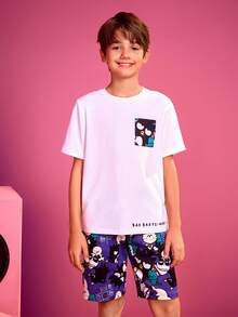 HELLO KITTY AND FRIENDS | SHEIN 青少年男孩卡通印花口袋短袖t恤和短褲套裝 - 紫色 - 查看 3