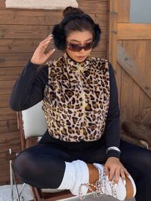 SHEIN EZwear 大码女式简约日常无袖豹纹背心夹克，冬季 - 彩色 - 查看 12