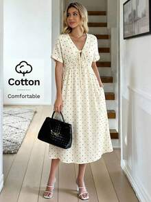 SHEIN LUNE 100%纯棉白色印花V领A字中长连衣裙，适合休闲度假、法式度假、波西米亚风、休闲通勤、复古风格、春夏穿着。 - 杏色 - 查看 2