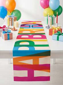 1 Piece Happy Birthday Table Runner Colorful Rectangular Polyester Fabric Party Tablecloth For Indoor Outdoor Family Celebration Decor Backdrop - Multicolor - View 4