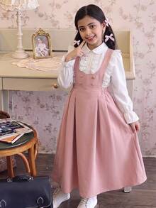 SHEIN Girls Arabic Elegant Princess School Uniform Ruffle Lace Blouse & Dress,Back-To-School,Cute,Vacation - Pink - View 4