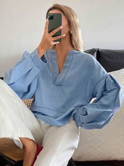 Livesso Women's Summer V-Neck Long Sleeve Washed Blue Ruched Loose Casual Vacation Commute Denim Shirt