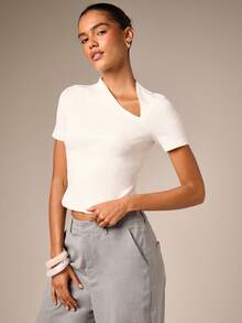 AiiRZ Asymmetric V-Neck Ribbed Knit Crop T-Shirt Fitted Short Sleeve Casual Summer Essential Top - White - View 2