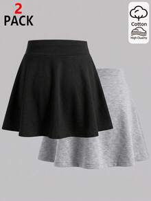 SHEIN 女童純色A字迷你裙，淺灰色與純黑色可選，極簡寬腰頭設計，傘擺下襬，百搭純色簡約百搭，俐落短版剪裁，易於搭配各種上衣，簡約經典 - 彩色 - 查看 2