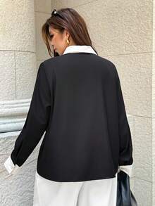 Easura Plus Size Elegant Long Sleeve Button-Front Contrast Color Commuter Women's Shirt - Black and White - View 2