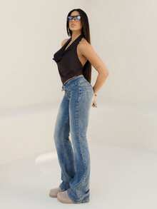 Maju Mazalli Celana Jeans Flare Washed Berpinggang Rendah yang Modis untuk Musim Gugur Kasual - Dark Wash - View 5
