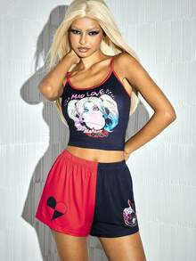 Harley Quinn X SHEIN Women's Letter Print Camisole And Shorts Pajama Set - black red - View 6