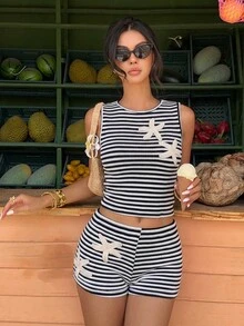 Aloruh New Summer Butter Yellow Beach Vacation Outfits Vacation Knit Top - Black and White - View 4