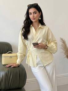 Solavon Women's Spring/Summer Casual Versatile 100% Cotton Yellow Long-Sleeve Shirt With Wrap-Style Panel And Lace Trim - Light Yellow - View 3
