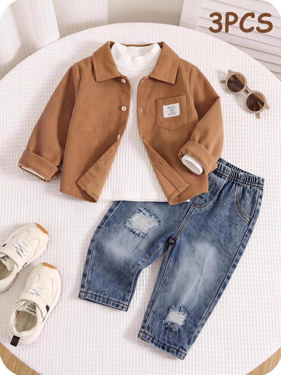 SHEIN 3 pezzi/Set Outfit casual autunno/inverno per neonato maschio, include maglietta interna, camicia bianca a collo medio e jeans in denim, set camicia, set giacca, set denim, outfit autunno/inverno per neonato - Multicolore - Visualizzare 1