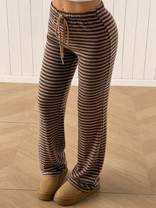 SHEIN EZwear 女款休閒條紋抽繩腰針織長褲 - 咖啡棕 - 查看 1