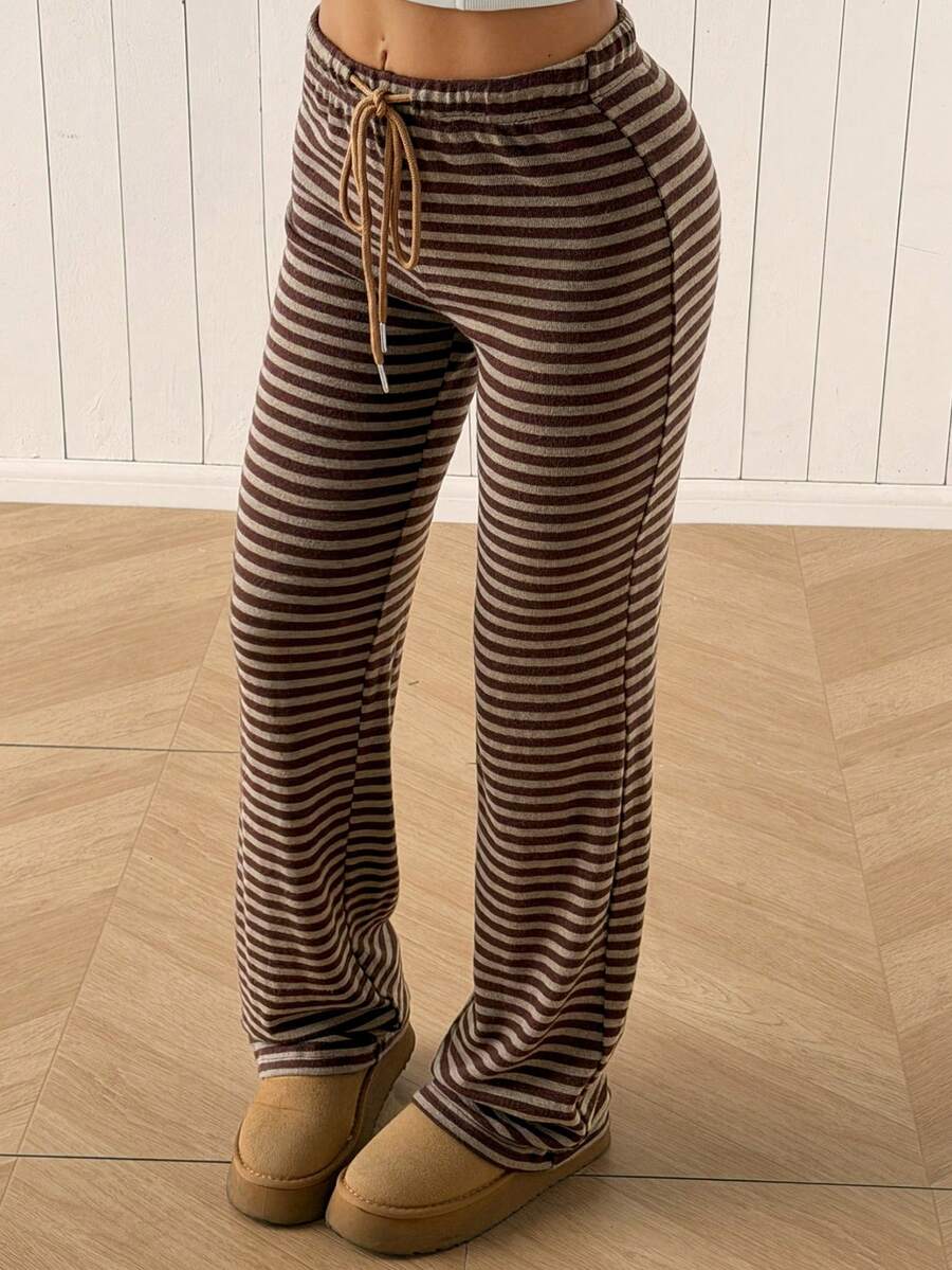 SHEIN EZwear 女款休閒條紋抽繩腰針織長褲 - 咖啡棕 - 查看 1