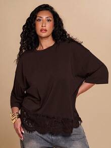 SHEIN BAE CURVE Plus Size Lace Patchwork Casual Loose T-Shirt - Brown - View 5