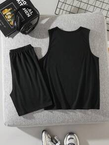 青少年男孩休閒極簡圓領背心與短褲兩件套，卡通圖案，適合夏季 - 黑色 - 查看 5