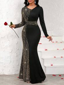 SHEIN Lady Women's Gold & Silver Metallic Spliced Long Sleeve Colorblock Dress - Black - View 3