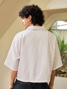 Whitmere Men's Striped Print Embroidered Front Button Short Sleeve Shirt, Summer - White - View 2