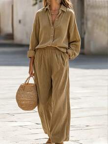 SHEIN Bộ đồ công sở thường ngày dệt cho nữ mùa thu - Màu Khaki - Xem 1