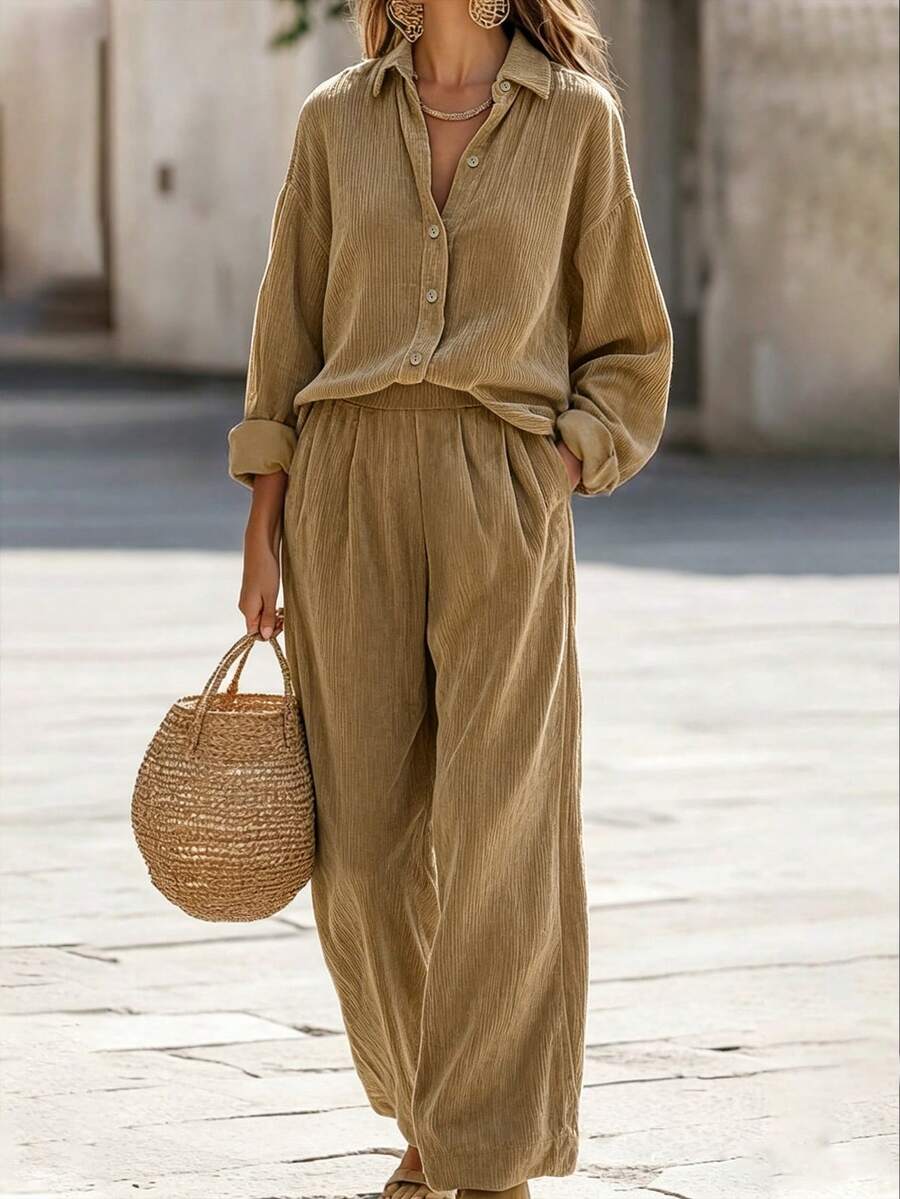 SHEIN Bộ đồ công sở thường ngày dệt cho nữ mùa thu - Màu Khaki - Xem 1