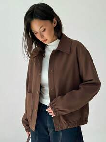 Aloruh 女款時尚百搭單排扣雙口袋長袖夾克外套 - 棕色 - 查看 6