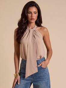 Bluhae Elegant Solid Halter Cowl Neck Top, Long Drape Tie Sleeveless Slim Fit Camisole - Khaki - View 3