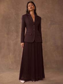 SHEIN BAE Women's Solid Color Lapel Neck Long Sleeve Jacket And Skirt Elegant 2 Pieces Set - Coffee Brown - View 6