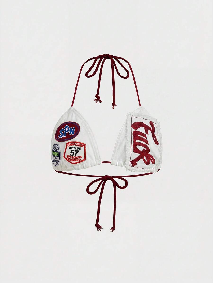 ROMWE Avant 女款 Y2K 復古標語 Logo 刺繡牛仔修身性感迷你上衣,附綁帶肩帶 - 白色 - 查看 1