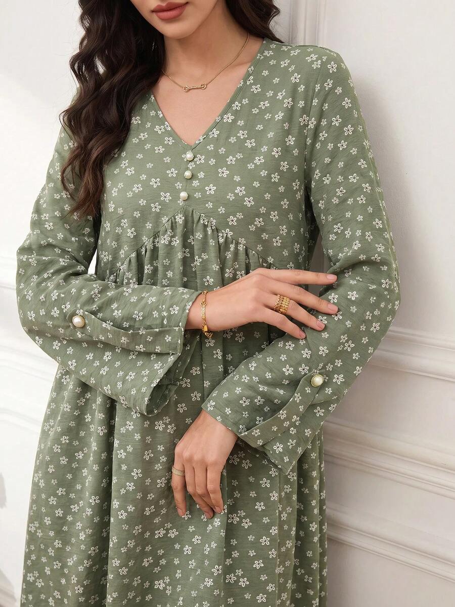 Al Najma 女款花卉印花百褶仿珍珠裝飾長袖綠色阿拉伯風洋裝 - 綠色 - 查看 1
