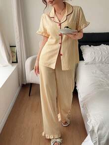 Napfluff Striped Colorblock Lapel Ruffle Pajama Set - Mustard Yellow - View 6