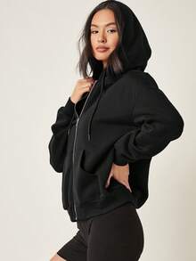 SHEIN BASICS Cozy Fleece Drop Shoulder Zipper Up Hooded Sweatshirt,Long Sleeve Tops In Fall Winter Clothes - Black - View 7