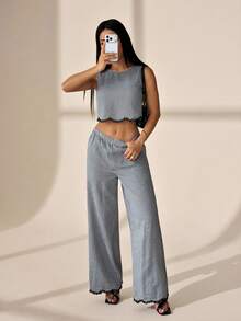SHEIN PETITE 女款黑白格紋夏季兩件套，圓領背心上衣搭配鬆緊腰長褲，優雅度假茶會休閒穿搭，適合嬌小女性 - 黑與白 - 查看 6