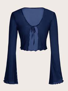 SHEIN ICON 純色綁帶休閒網眼女裝上衣，帶波浪袖 - 藏蓝色 - 查看 2