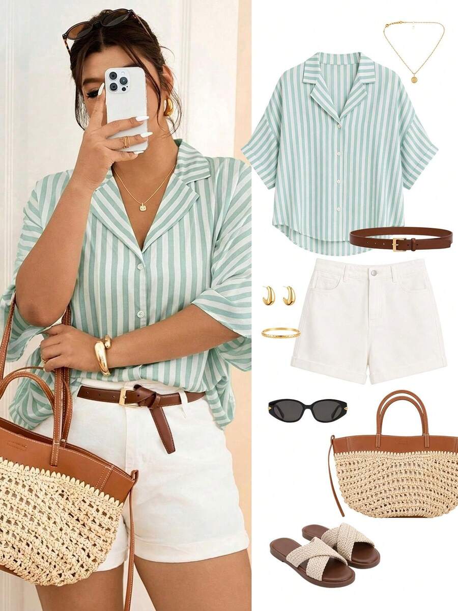 Lounesse Plus Size Women Striped Daily Commute 3/4 Sleeve Fashion Plus Size Shirt, Apricot Color Plus Size Shirt, Versatile Commuter Shirt Fall