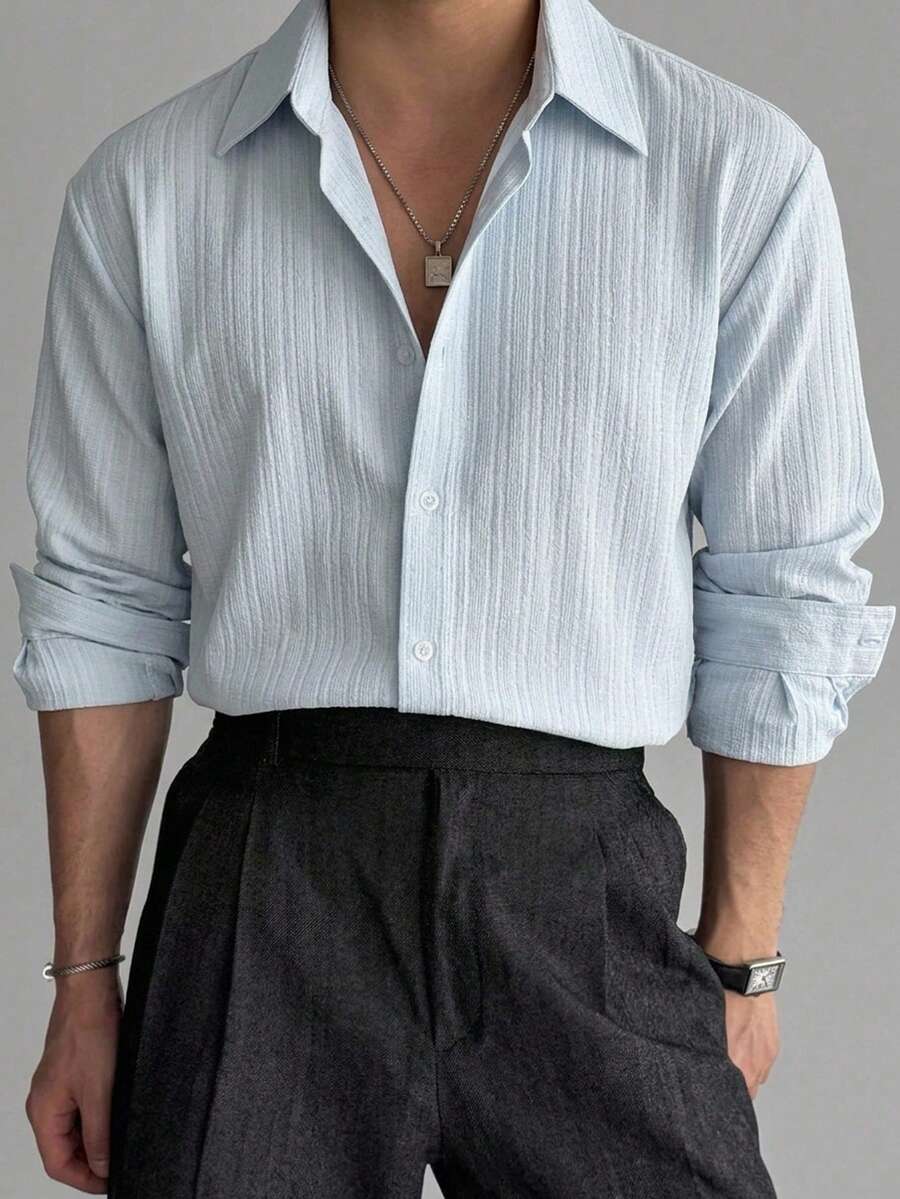 Manfinity Homme 男士素色單排扣休閒通勤長袖襯衫 - 藍色 - 查看 1