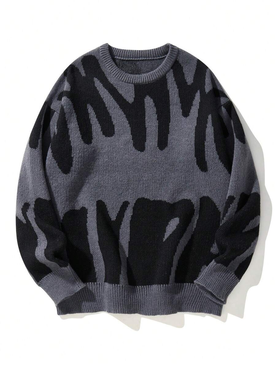 Manfinity Homme Men's Plus Size Casual Letter Pattern Sweater, Autumn/Winter - Dark Grey - View 1