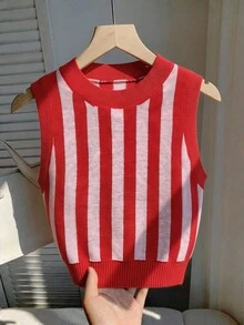 Comfortcana 紅粉條紋針織短版背心，可愛軟妹風 Y2K 復古，適合音樂祭、居家約會、校園穿搭 - 彩色 - 查看 1